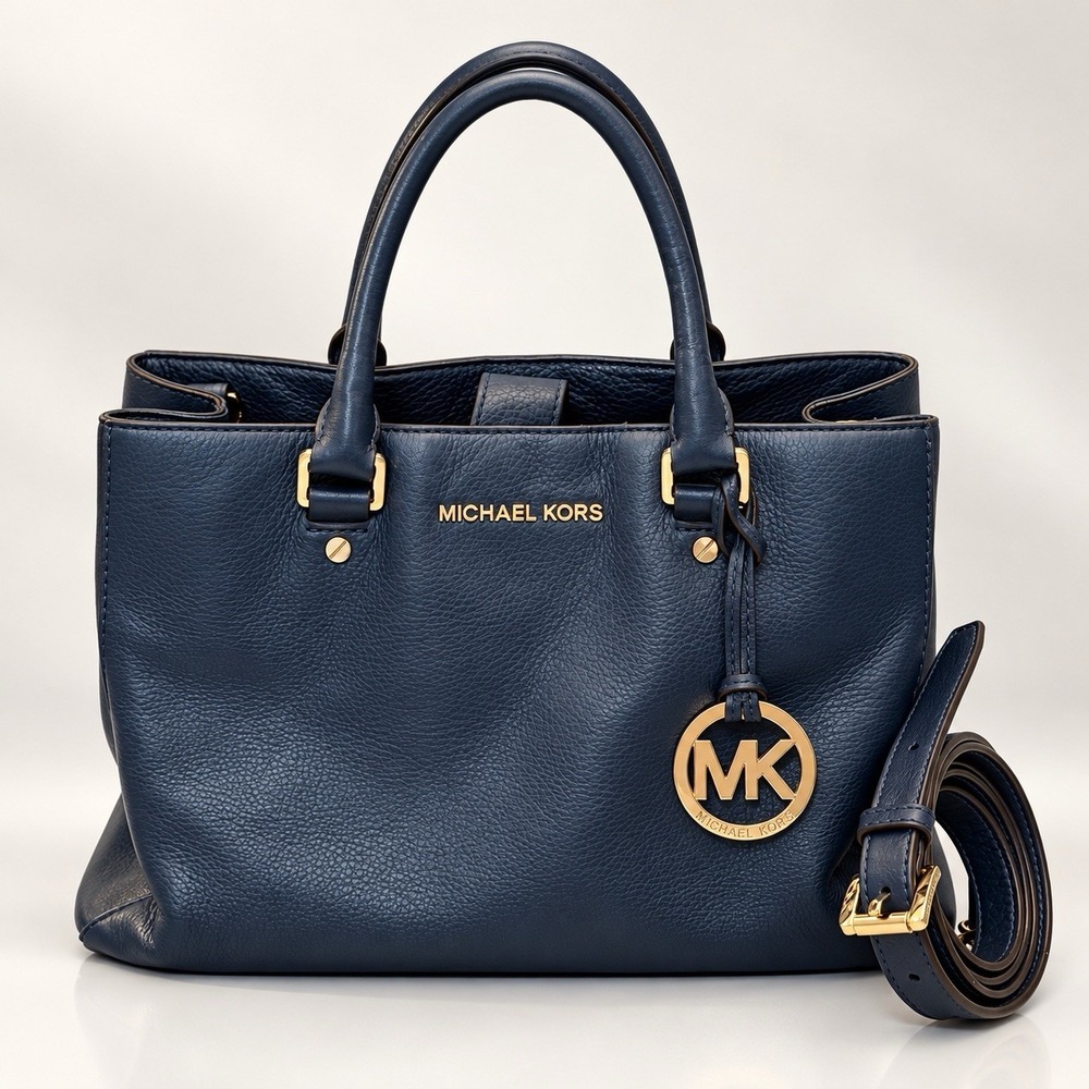 Michael Kors Bedford Chambray Blue Pebbled Leather Satchel Crossbody Bag Gold MK